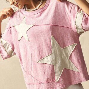 Pink Casual Women's Boho Knit Round Neck Short Sleeve Loose Fit Washed T-Shirt